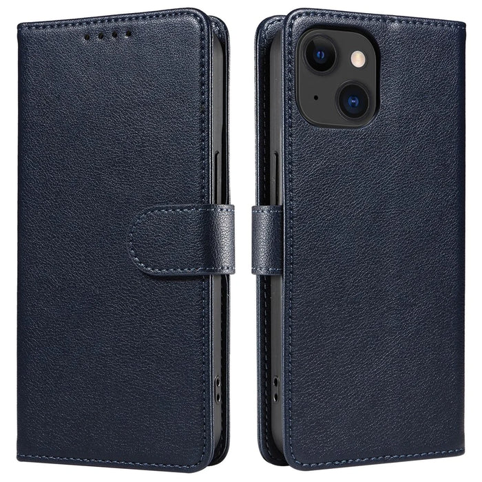 For iPhone 13 Leather Case Litchi Texture RFID Blocking Wallet Stand Phone Cover - Blue - 1