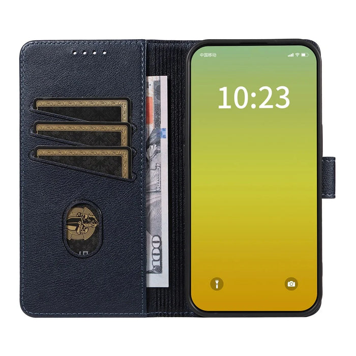 For iPhone 13 Leather Case Litchi Texture RFID Blocking Wallet Stand Phone Cover - Blue - 2