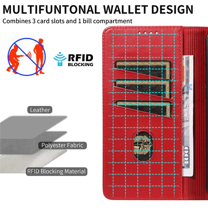For iPhone 13 Pro Leather Case Litchi Texture RFID Blocking Wallet Stand Phone Cover - Wine Red - 6