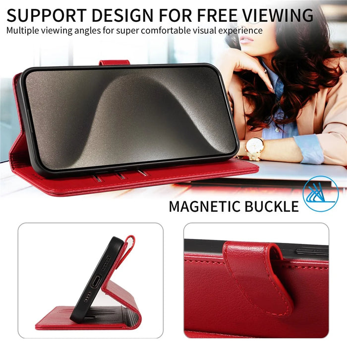 For iPhone 13 Pro Leather Case Litchi Texture RFID Blocking Wallet Stand Phone Cover - Wine Red - 7