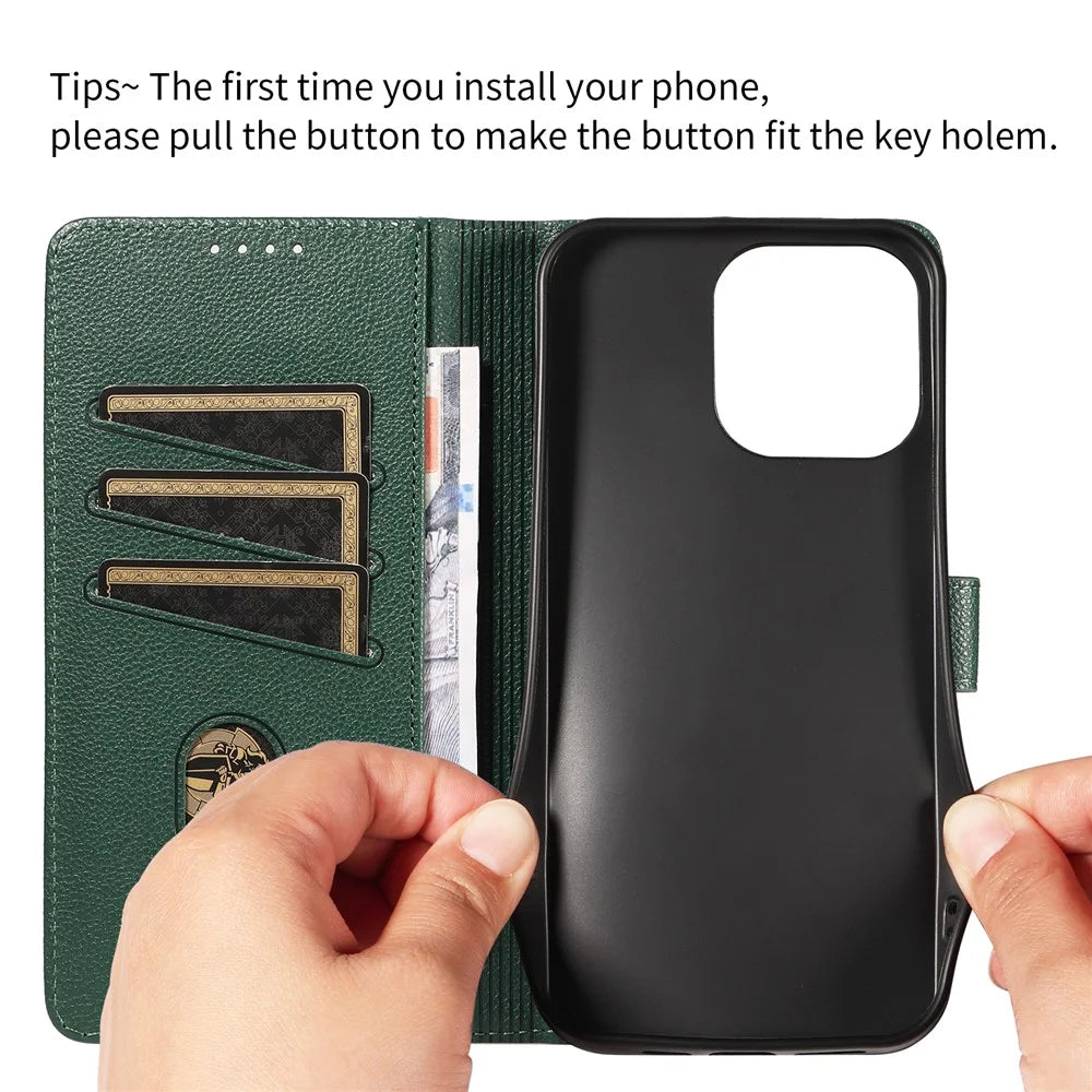 For iPhone 14 Pro Leather Case Litchi Texture RFID Blocking Wallet Stand Phone Cover - Green - 4