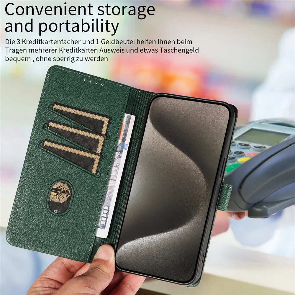 For iPhone 14 Pro Leather Case Litchi Texture RFID Blocking Wallet Stand Phone Cover - Green - 5