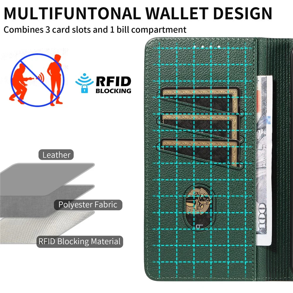 For iPhone 14 Pro Leather Case Litchi Texture RFID Blocking Wallet Stand Phone Cover - Green - 6