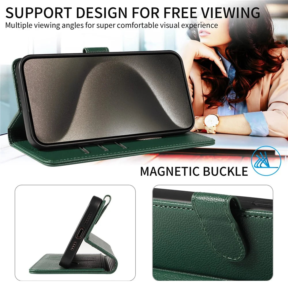 For iPhone 14 Pro Leather Case Litchi Texture RFID Blocking Wallet Stand Phone Cover - Green - 7