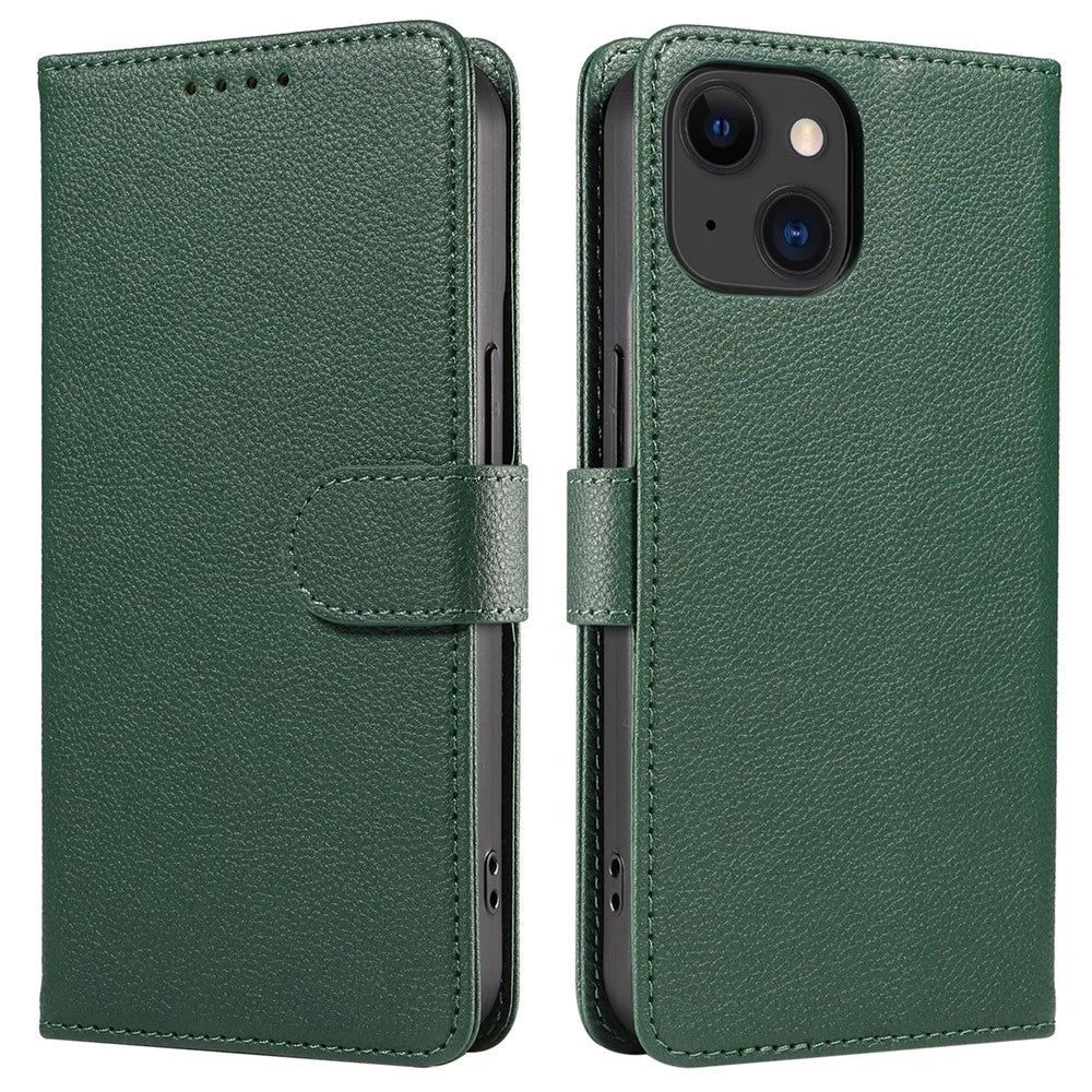For iPhone 14 Plus Leather Case Litchi Texture RFID Blocking Wallet Stand Phone Cover - Green - 1