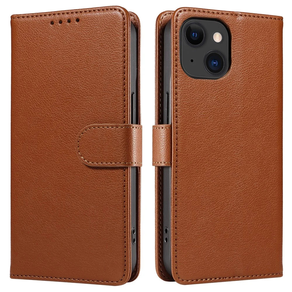 For iPhone 15 Plus Leather Case Litchi Texture RFID Blocking Wallet Stand Phone Cover - Brown - 1