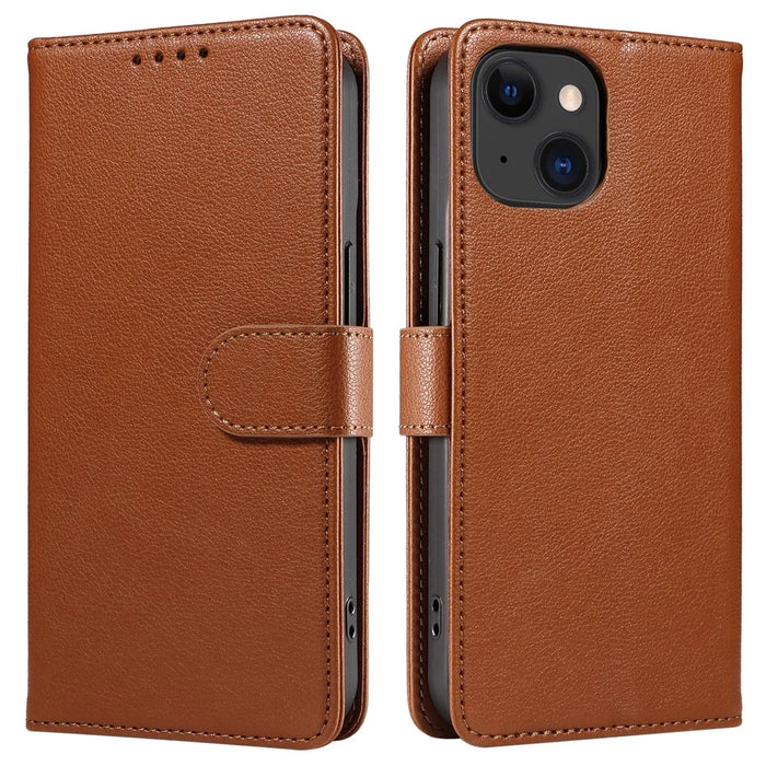 For iPhone 15 Plus Leather Case Litchi Texture RFID Blocking Wallet Stand Phone Cover - Brown - 1