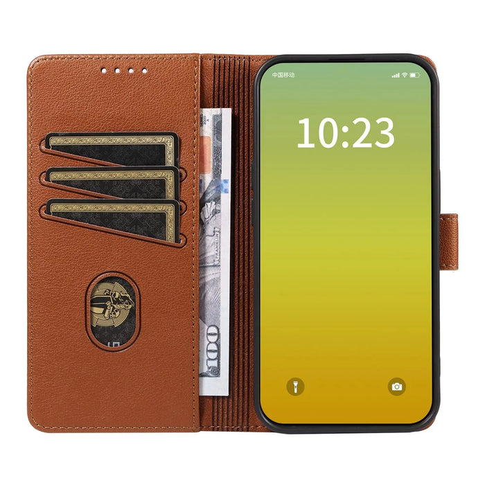 For iPhone 15 Plus Leather Case Litchi Texture RFID Blocking Wallet Stand Phone Cover - Brown - 2