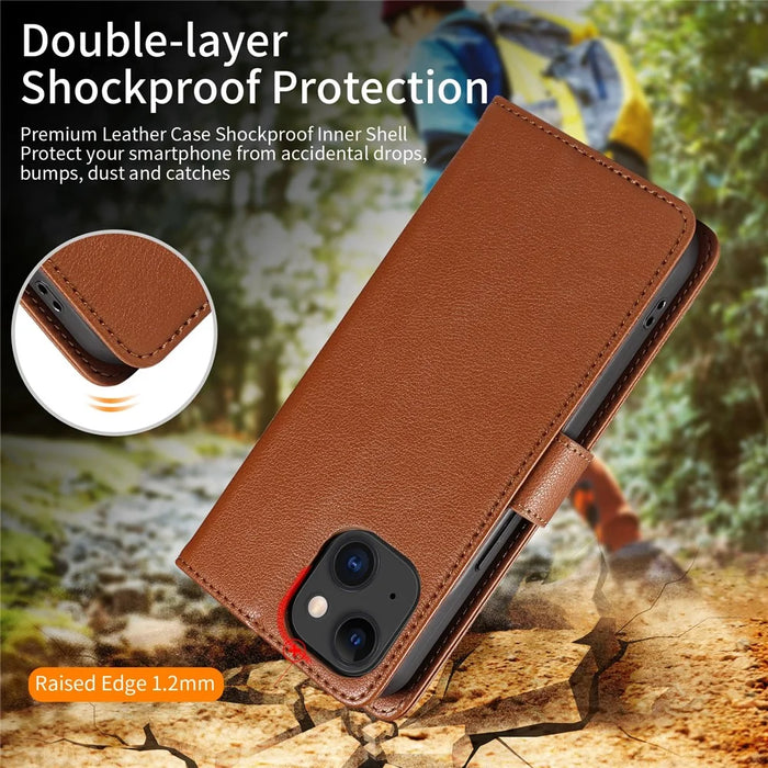 For iPhone 15 Plus Leather Case Litchi Texture RFID Blocking Wallet Stand Phone Cover - Brown - 4