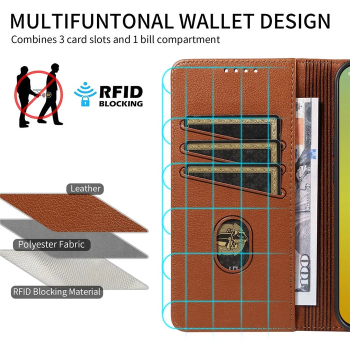For iPhone 15 Plus Leather Case Litchi Texture RFID Blocking Wallet Stand Phone Cover - Brown - 6