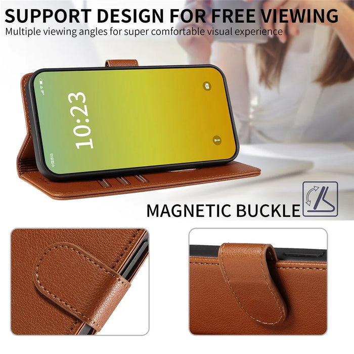 For iPhone 15 Plus Leather Case Litchi Texture RFID Blocking Wallet Stand Phone Cover - Brown - 7