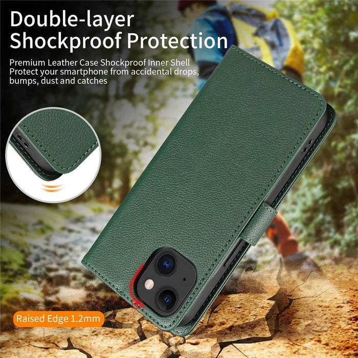 For iPhone 15 Leather Case Litchi Texture RFID Blocking Wallet Stand Phone Cover - Green - 4