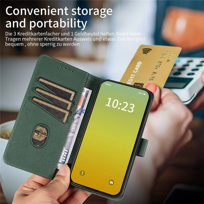 For iPhone 15 Leather Case Litchi Texture RFID Blocking Wallet Stand Phone Cover - Green - 5