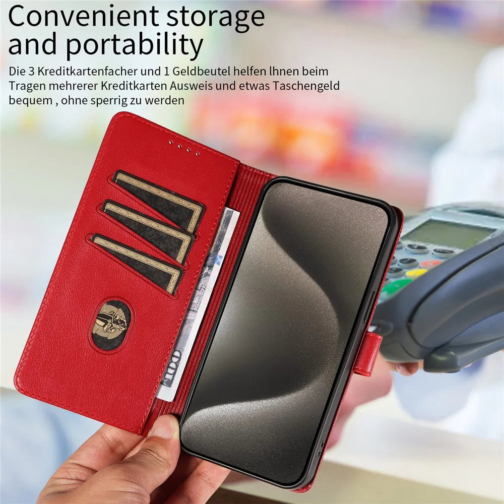 For iPhone 14 Pro Max Leather Case Litchi Texture RFID Blocking Wallet Stand Phone Cover - Wine Red - 5
