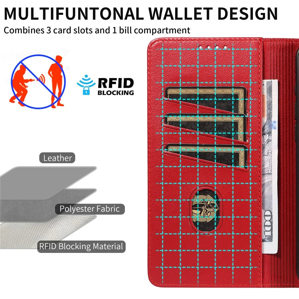 For iPhone 14 Pro Max Leather Case Litchi Texture RFID Blocking Wallet Stand Phone Cover - Wine Red - 6