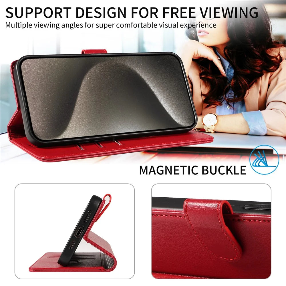 For iPhone 14 Pro Max Leather Case Litchi Texture RFID Blocking Wallet Stand Phone Cover - Wine Red - 7