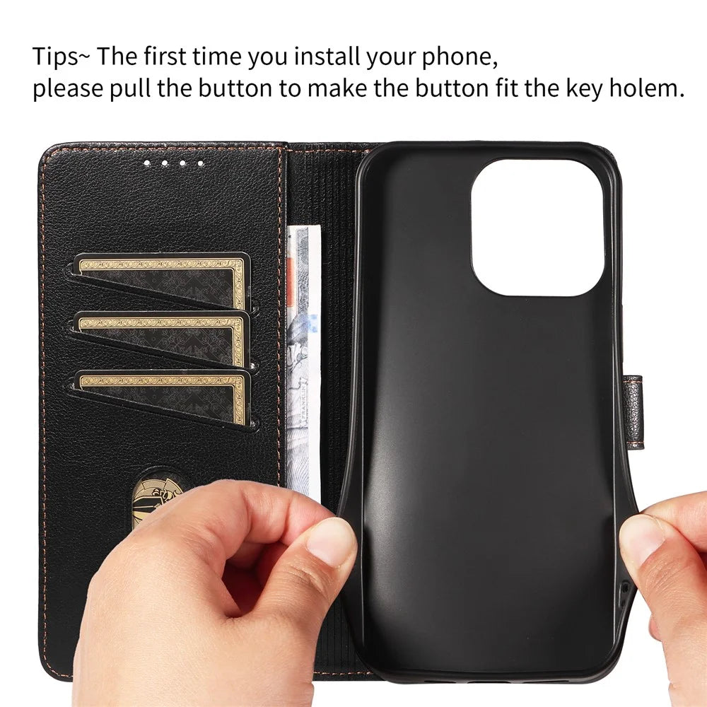 For iPhone 15 Pro Max Leather Case Litchi Texture RFID Blocking Wallet Stand Phone Cover - Black - 4