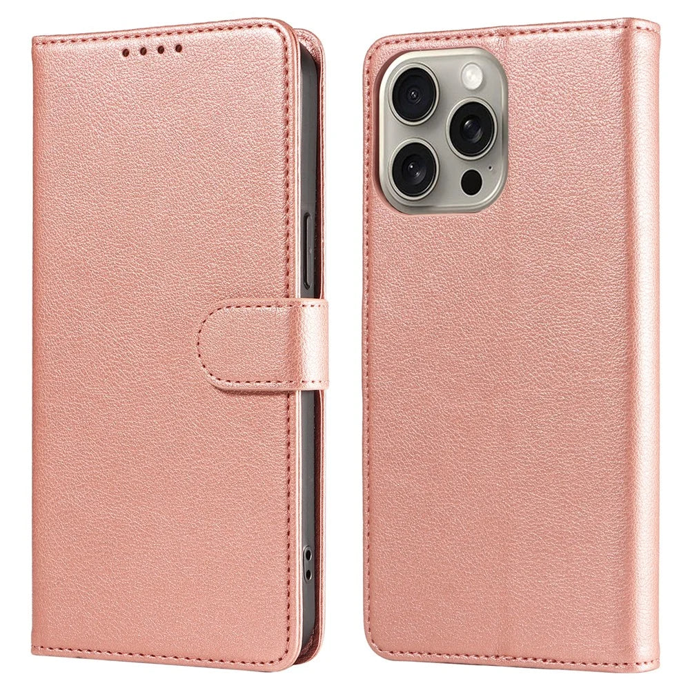 For iPhone 15 Pro Leather Case Litchi Texture RFID Blocking Wallet Stand Phone Cover - Rose Gold - 1