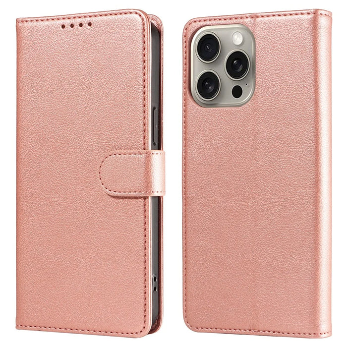 For iPhone 15 Pro Leather Case Litchi Texture RFID Blocking Wallet Stand Phone Cover - Rose Gold - 1
