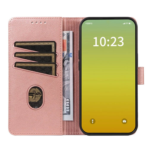 For iPhone 15 Pro Leather Case Litchi Texture RFID Blocking Wallet Stand Phone Cover - Rose Gold - 2