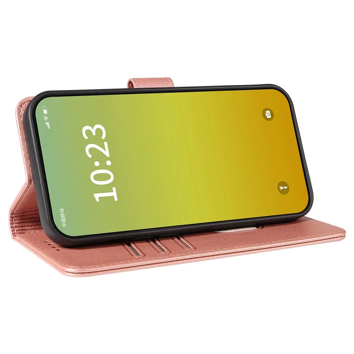 For iPhone 15 Pro Leather Case Litchi Texture RFID Blocking Wallet Stand Phone Cover - Rose Gold - 3