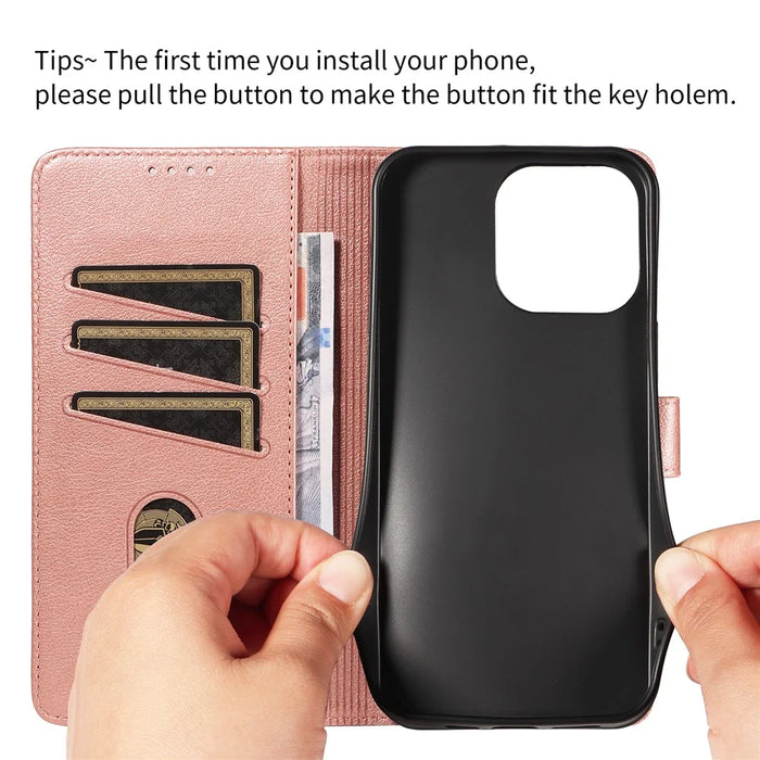 For iPhone 15 Pro Leather Case Litchi Texture RFID Blocking Wallet Stand Phone Cover - Rose Gold - 4