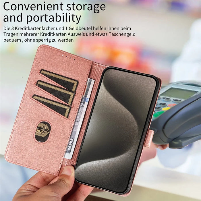 For iPhone 15 Pro Leather Case Litchi Texture RFID Blocking Wallet Stand Phone Cover - Rose Gold - 5