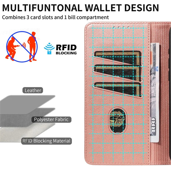 For iPhone 15 Pro Leather Case Litchi Texture RFID Blocking Wallet Stand Phone Cover - Rose Gold - 6