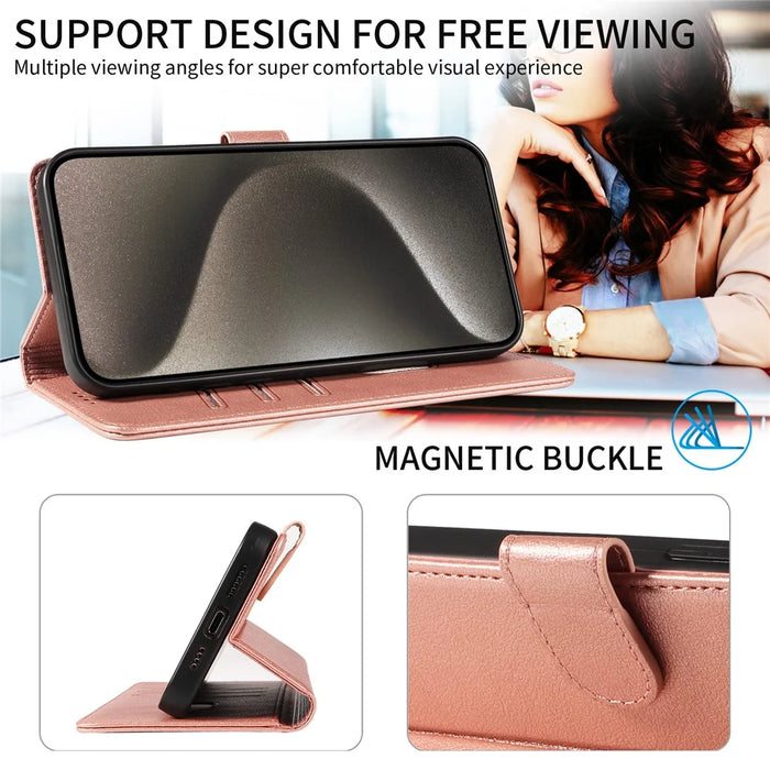 For iPhone 15 Pro Leather Case Litchi Texture RFID Blocking Wallet Stand Phone Cover - Rose Gold - 7