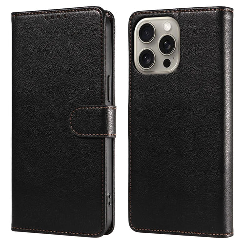 For iPhone 16 Pro Max Leather Case Litchi Texture RFID Blocking Wallet Stand Phone Cover - Black - 1