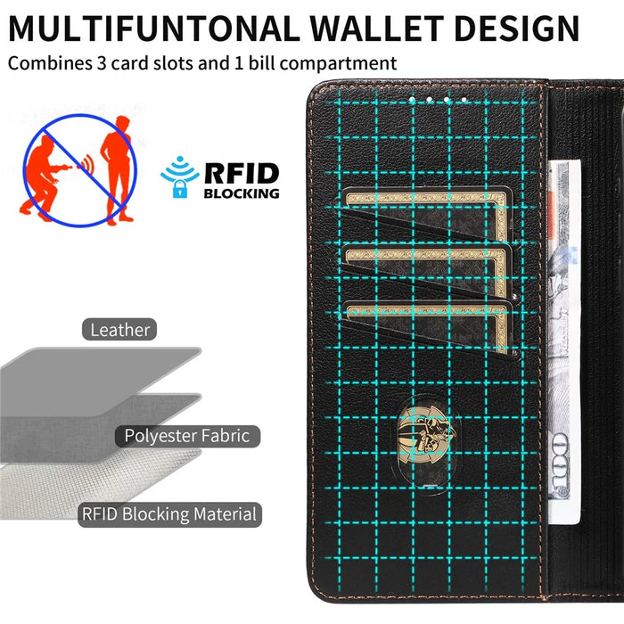 For iPhone 16 Pro Max Leather Case Litchi Texture RFID Blocking Wallet Stand Phone Cover - Black - 6