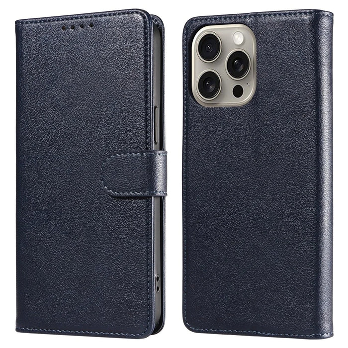 For iPhone 16 Pro Leather Case Litchi Texture RFID Blocking Wallet Stand Phone Cover - Blue - 1
