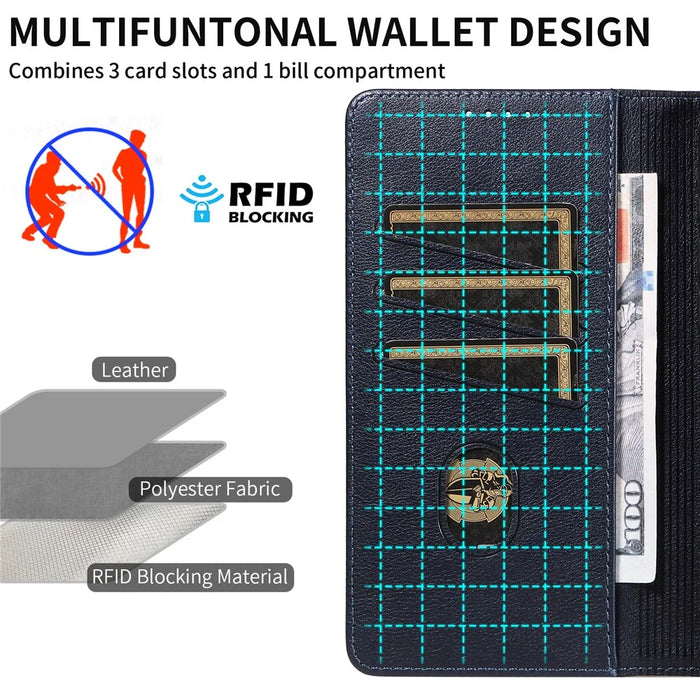 For iPhone 16 Pro Leather Case Litchi Texture RFID Blocking Wallet Stand Phone Cover - Blue - 6