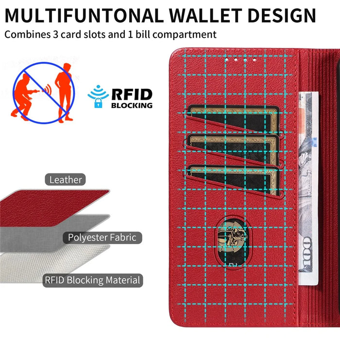 For Samsung Galaxy S24 Leather Case Litchi Texture RFID Blocking Wallet Stand Phone Cover - Wine Red - 6