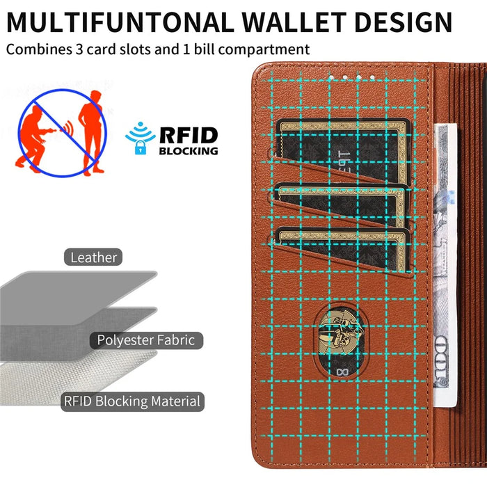 For Samsung Galaxy A53 5G Leather Case Litchi Texture RFID Blocking Wallet Stand Phone Cover - Brown - 6
