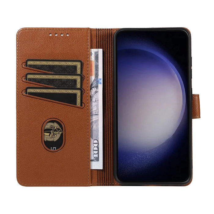 For Samsung Galaxy S23 FE Leather Case Litchi Texture RFID Blocking Wallet Stand Phone Cover - Brown - 2