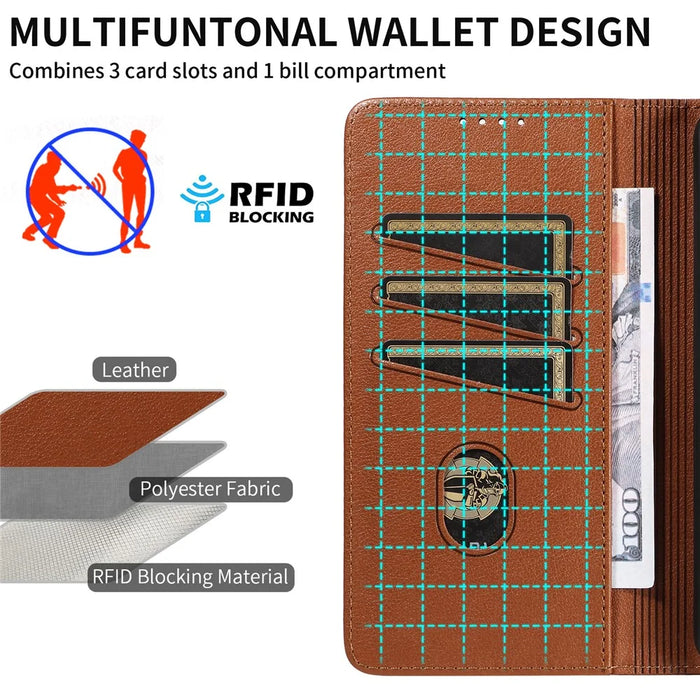 For Samsung Galaxy S23 FE Leather Case Litchi Texture RFID Blocking Wallet Stand Phone Cover - Brown - 6