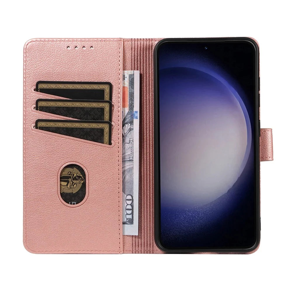 For Samsung Galaxy S23 Leather Case Litchi Texture RFID Blocking Wallet Stand Phone Cover - Rose Gold - 2
