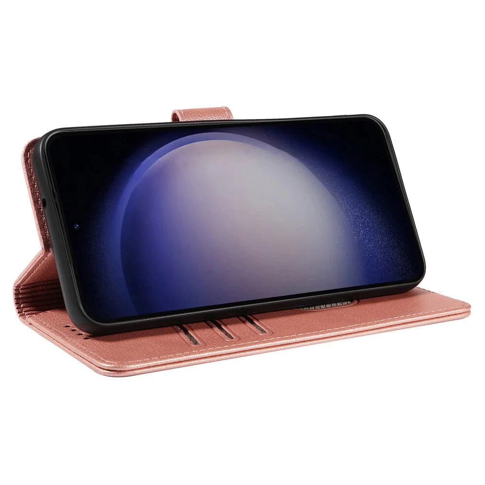 For Samsung Galaxy S23 Leather Case Litchi Texture RFID Blocking Wallet Stand Phone Cover - Rose Gold - 3