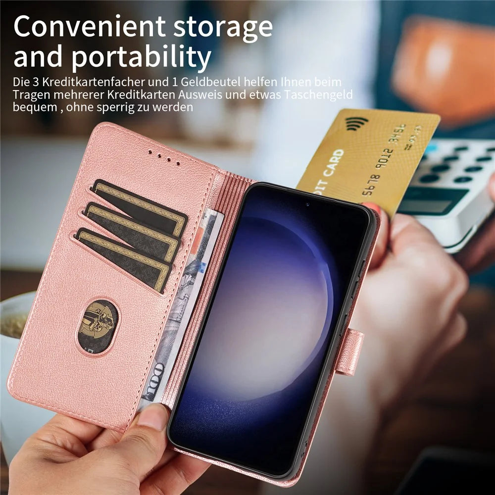 For Samsung Galaxy S23 Leather Case Litchi Texture RFID Blocking Wallet Stand Phone Cover - Rose Gold - 5
