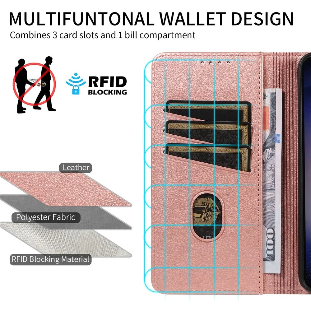 For Samsung Galaxy S23 Leather Case Litchi Texture RFID Blocking Wallet Stand Phone Cover - Rose Gold - 6