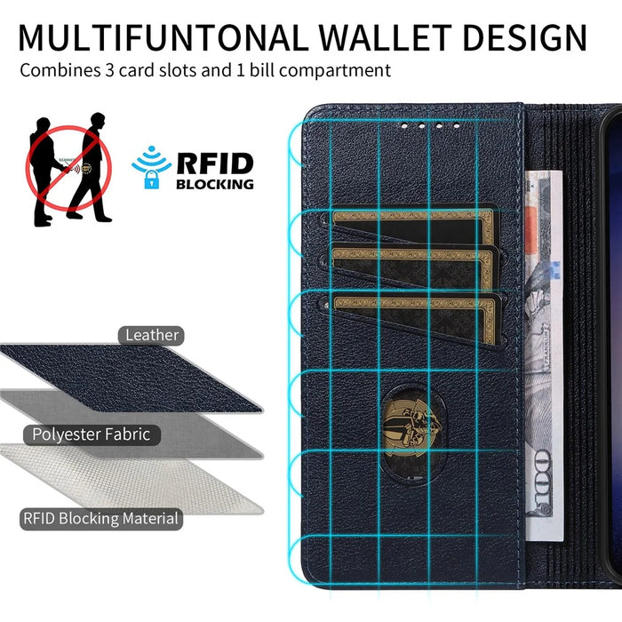For Samsung Galaxy S23+ Leather Case Litchi Texture RFID Blocking Wallet Stand Phone Cover - Blue - 6