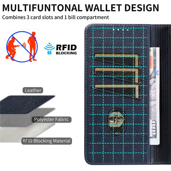 For Samsung Galaxy A35 5G Leather Case Litchi Texture RFID Blocking Wallet Stand Phone Cover - Blue - 6