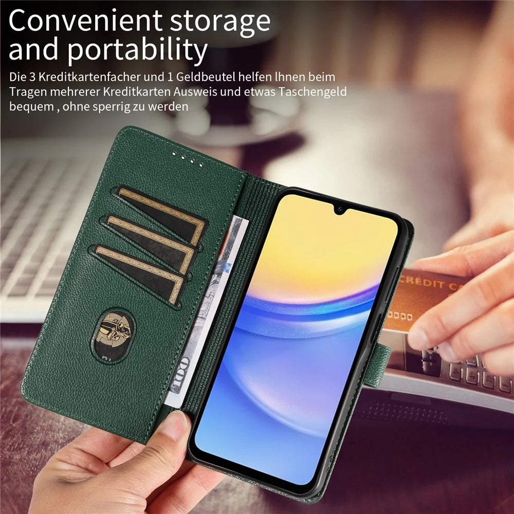 For Samsung Galaxy A25 5G (Global) (161.0 x 76.5 x 8.3mm) Leather Case Litchi Texture RFID Blocking Wallet Stand Phone Cover - Green - 5