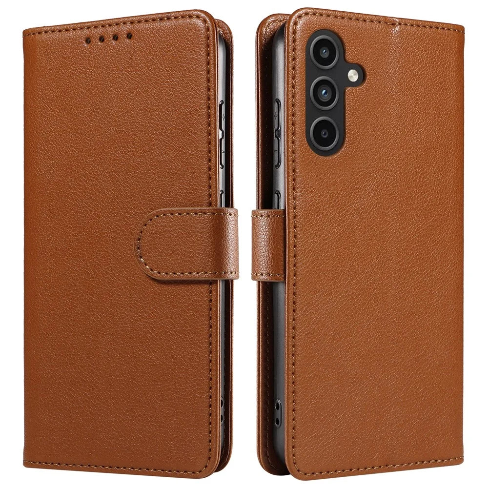 For Samsung Galaxy A15 5G Leather Case Litchi Texture RFID Blocking Wallet Stand Phone Cover - Brown - 1