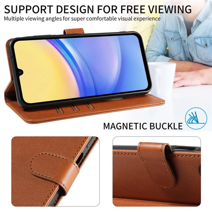 For Samsung Galaxy A15 5G Leather Case Litchi Texture RFID Blocking Wallet Stand Phone Cover - Brown - 7