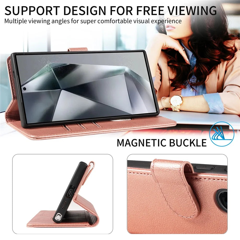 For Samsung Galaxy S23 Ultra Leather Case Litchi Texture RFID Blocking Wallet Stand Phone Cover - Rose Gold - 3