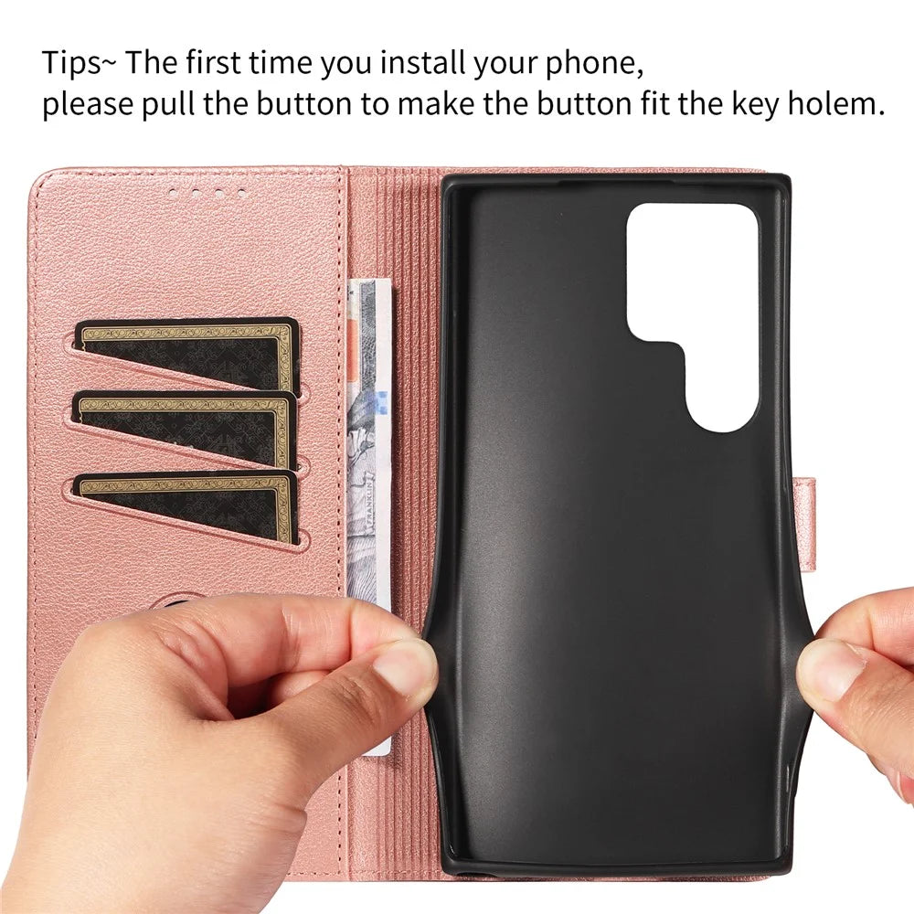 For Samsung Galaxy S23 Ultra Leather Case Litchi Texture RFID Blocking Wallet Stand Phone Cover - Rose Gold - 4