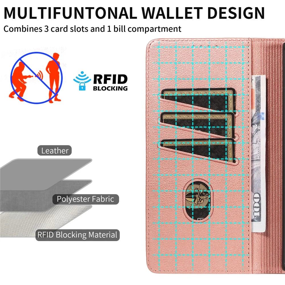 For Samsung Galaxy S23 Ultra Leather Case Litchi Texture RFID Blocking Wallet Stand Phone Cover - Rose Gold - 5