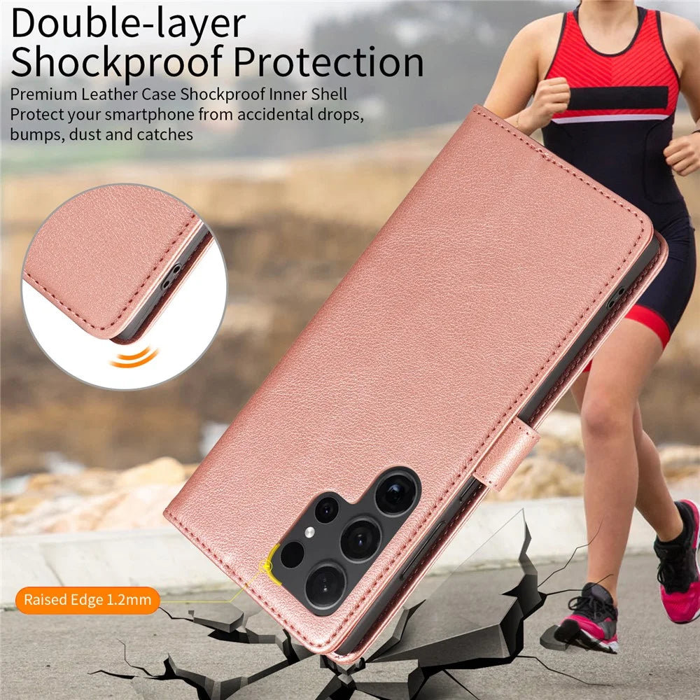 For Samsung Galaxy S23 Ultra Leather Case Litchi Texture RFID Blocking Wallet Stand Phone Cover - Rose Gold - 6